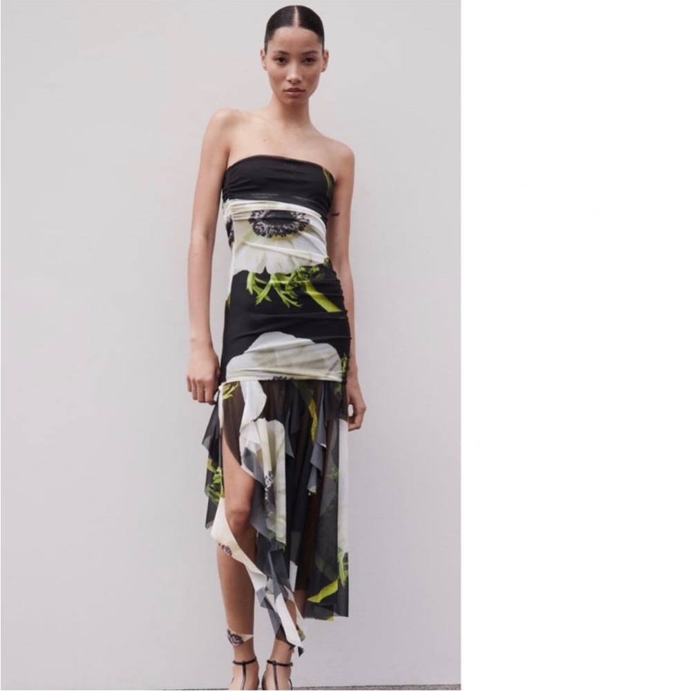 Black & white floral mesh strapless dress Zara
